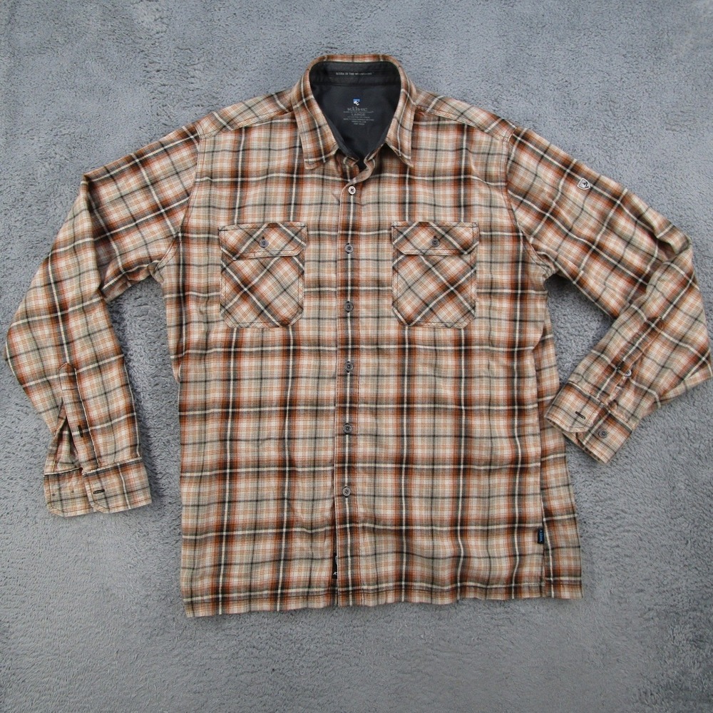 Kuhl Mens Large Plaid Button Down Shirt Orange Brown Cotton Tencel Long Sleeve
